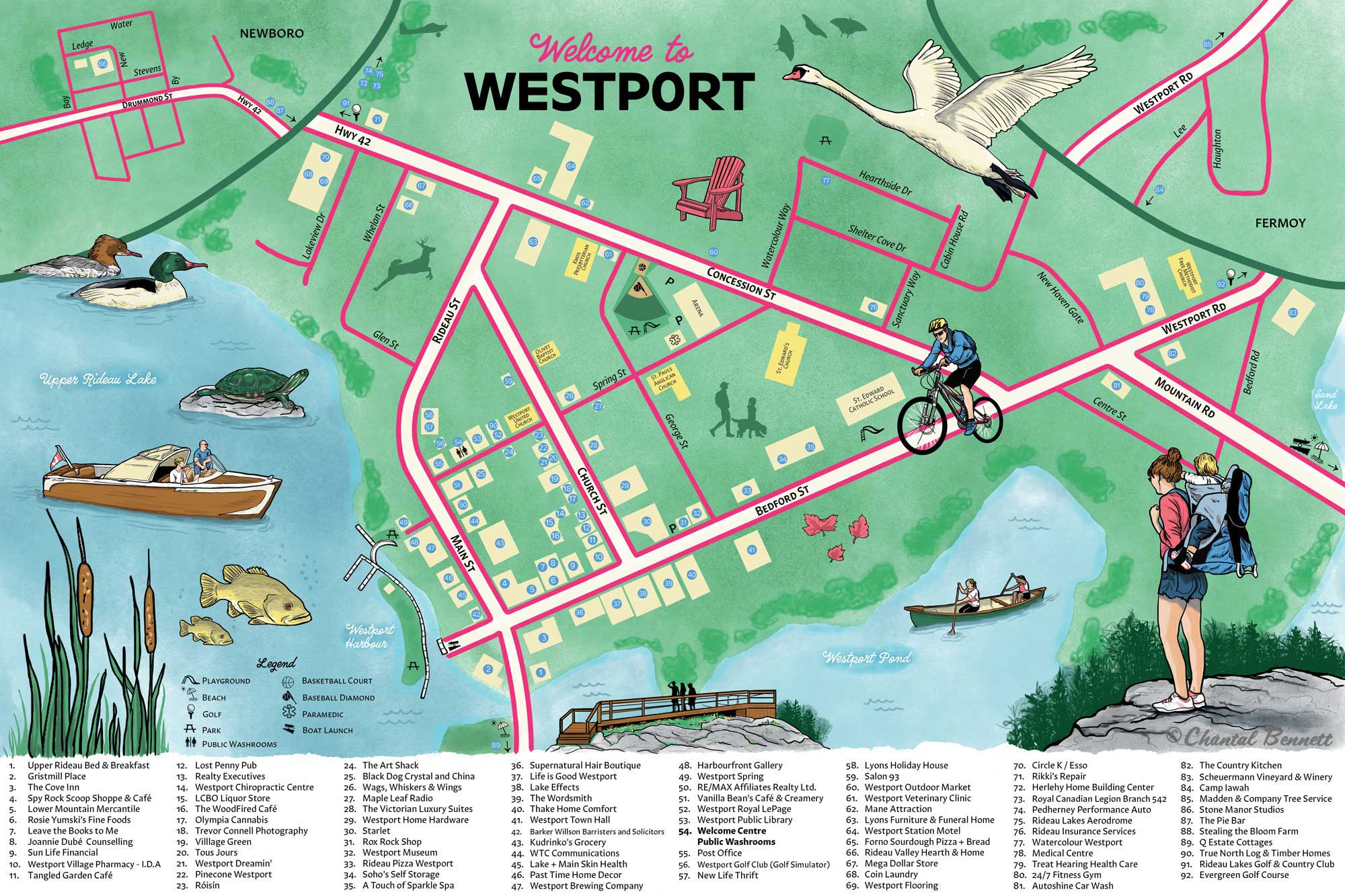 Map illustration, illustrated map, map illustrator,  Westport Ontario, map, tourism map, tourist map, illustrated map
